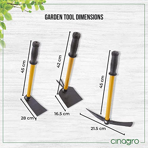 Image of Cinagro (Set of 3) Gardening Tool Set, Heavy-Duty Metal Construction, Rust-Free, Garden Hoe, Garden Tiller & Garden Hand Hoe with 2 Prongs (Yellow)