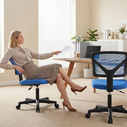 Image of OLIXIS Armless Office Chair, Ergonomic Desk Chair with Wheels, Mesh Back, Removable Washable Foam Cushion, Height Adjustable Rolling Swivel Chairs for Small Space, Home, Office, Blue