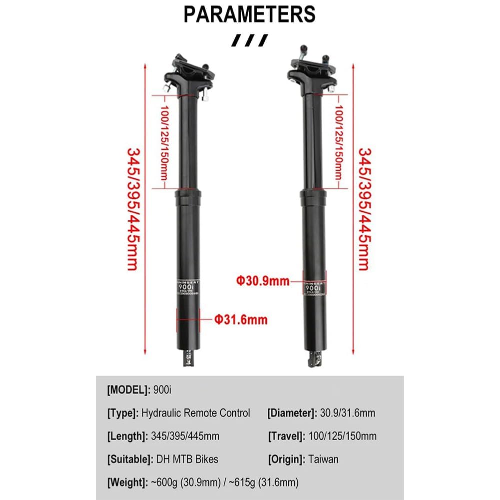 GarveeLife Hydraulische Dropper Sattelstütze für Mountainbike – Höhenverstellbare Fahrrad Sattelstütze mit interner Kabelführung & Fernbedienung – 100/125mm Hub – Für Erwachsene – 31.6mm/30.9mm