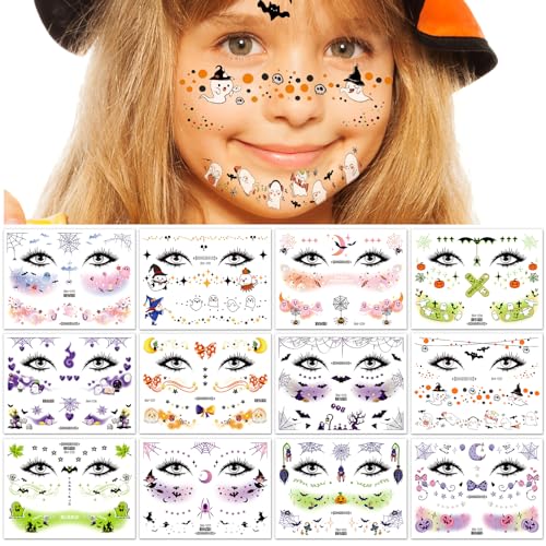 HOWAF 12 tatuagem Halloween rosto tatuagens Halloween crianças bruxas aranhas abóbora autocolantes rosto Halloween tatuagens temporárias crianças decoração Halloween acessórios de maquilhagem