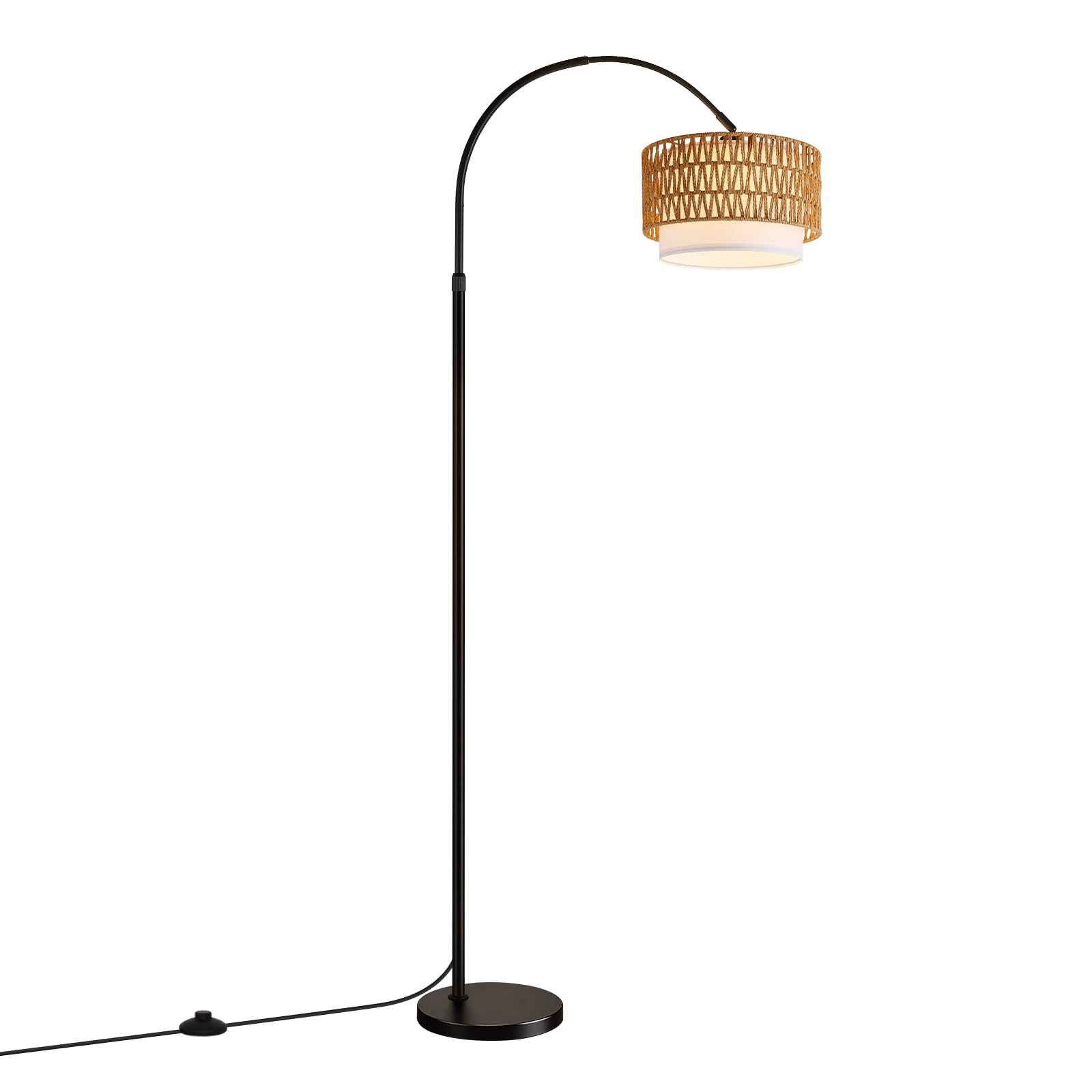 Boho Stehlampe Wohnzimmer Stehleuchte Rattan Bogenlampe Schwarz | Vintage Bogenleuchte Standlampe Bogen Wohnzimmerlampe stehend mit Fernbedienung Leselampe für Schlafzimmer Büro