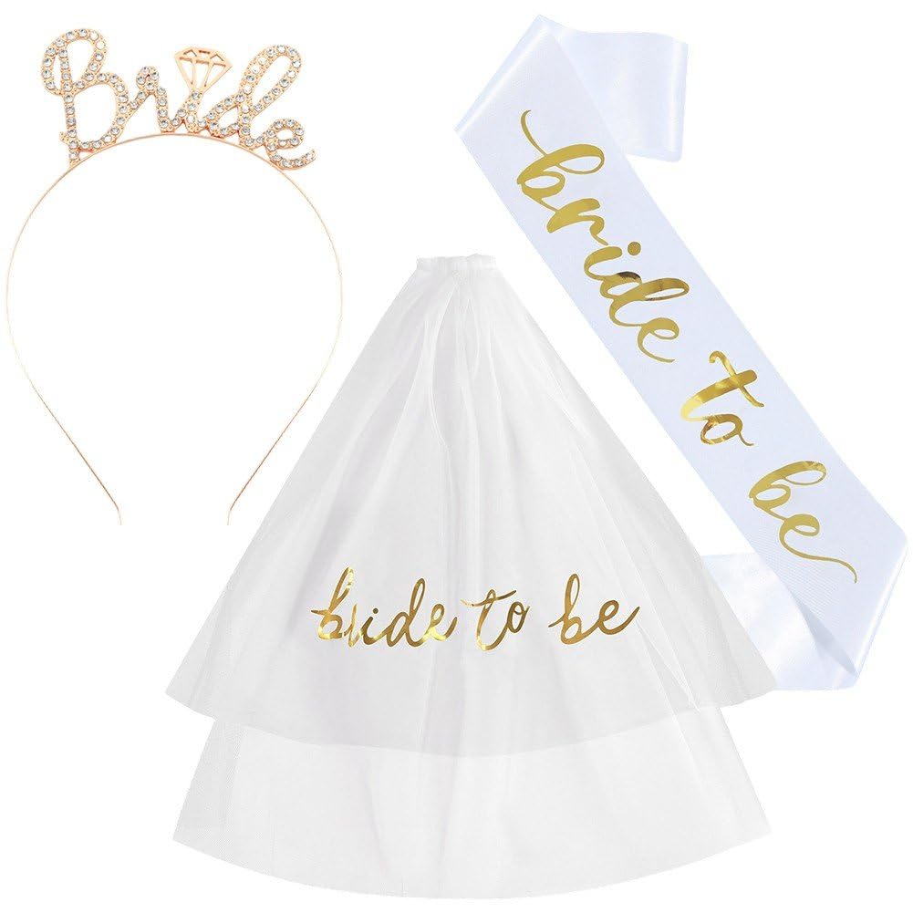 Caeanhi Sash and Veil with Tiara Bride Headband Hen Party Accessories Set for Bachelorette Bridal Shower Wedding Supplies
