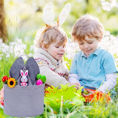 Image of Easter Basket Seersucker Egg Hunt Bunny Baskets for Kids with Cute Rabbit Ears Stripe Storage Gifts Candies Personalized Easter Party Gifts