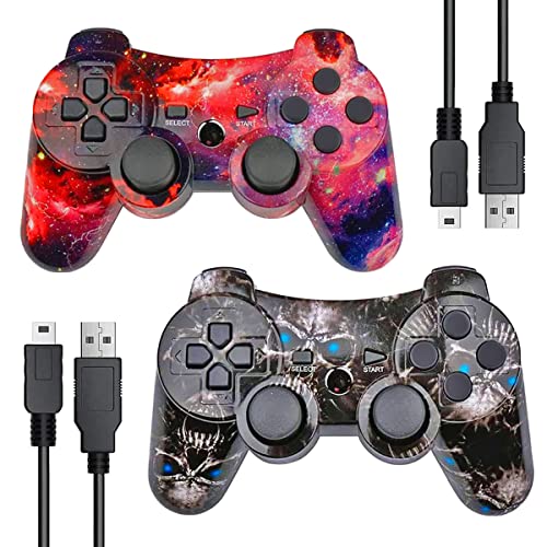 NATGLOW Wireless Controller for PS3, Upgraded Joystick Motion Gamepad Double Shock with USB Charging Cable, 2 Packs (RedStar and BlackGhost)