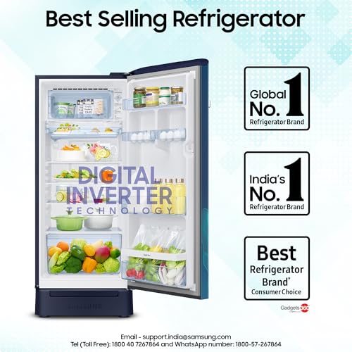 Image of Samsung 215 L, 5 Star, Digital Inverter, Direct-Cool Single Door Refrigerator (RR23D2H359U /HL, Paradise Bloom Blue, Base Stand Drawer)
