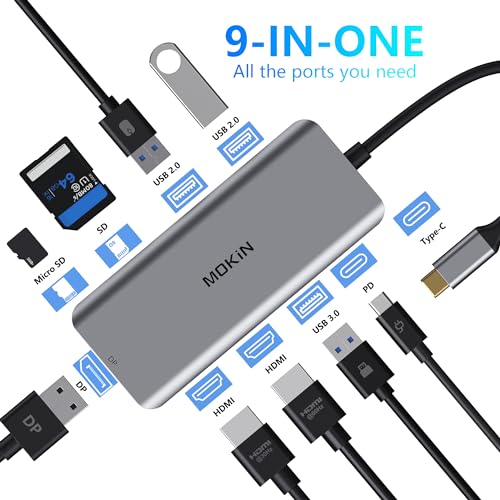 Image of Docking Station, USB C Adapter, 9 in 1 Triple Display Multiport Dongle with 2 HDMI 4K, DisplayPort, 3 USB, 100W PD, SD /Micro SD Card Reader for MacBook Pro Air Type C Laptops