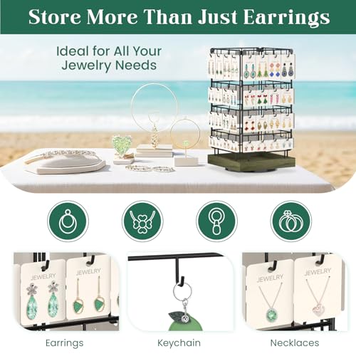 Image of EsLuker.ly Rotating Earring Display Holder Stand for Vendors Events Selling, Large Capacity 64 Hooks Jewelry Rack with Wooden Base for Earring Card Sales, Enhances Retail Visibility(Rustic Gray)