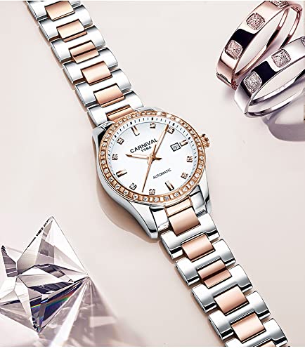 Image of Women's Diamond Automatic Mechanical Rose Gold Stainless Steel Sapphire Waterproof Lady's Elegant Blue Watch