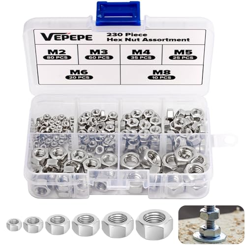 VEPEPE 230 Stück Sechskant Muttern Sortiment Set, Edelstahl Sechskantmuttern Mutter, M2 M3 M4 M5 M6 M8 Hardware Mütter Sechskant Set mit Kunststoffbox für Möbel, Fahrzeugreparatur, Maschinenindustrie