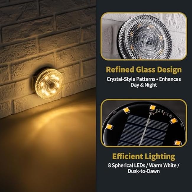 Glass Solar Deck Lights with Crystal Style, Modular-Design Waterproof Outdoor Fence Lights for Stairs Step Yard Patio Garden Wall Pathway, Decorative Patio Table Lighting, Warm White (2 Pack)