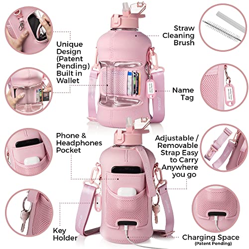 Half Gallon 74Oz / 2.2L Sports Water Bottle With Straw And Built In Wallet Large Gym Drink Container, Storage Sleeve, Bottle Brush, Phone Pocket - Bpa Free Big Jug, Carry Handle Aesthetic Look - Pink #TOP1