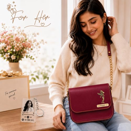 Image of SAVRI Personalized Rakhi Gift for Sister | Customized Leather Sling Bag with Name & Charm and Spotify Photo Keychain with Favourite Song, Personalised Gift Combo for Sister, Behan, Didi- Bro Sis Gift
