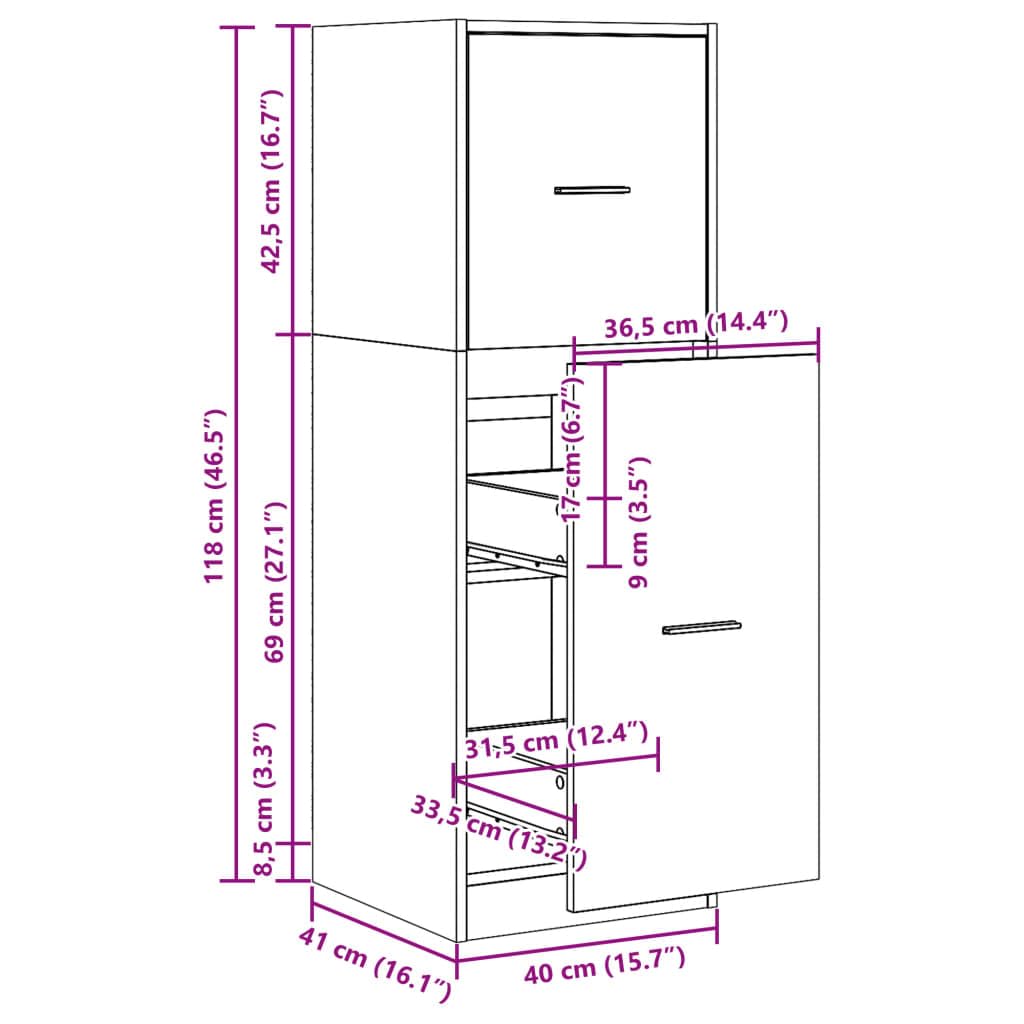 Armoire pharmacie en bois de chêne fumé 40 x 41 x 118 cm avec 3 tiroirs d'espace de rangement et tiroir d'armoire pour bureau, salon, couloir, atelier et garage
