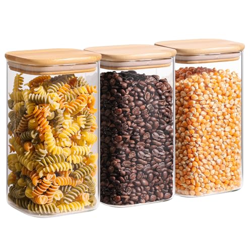 ComSaf 1.4 Qt Glass Storage Containers with Lids, Glass Jars with Lids, Clear Food Storage Jar, Square Canister Set of 3, Pantry Organizers and Storage for Flour Oat Pasta Tea Cookie Coffee Bean