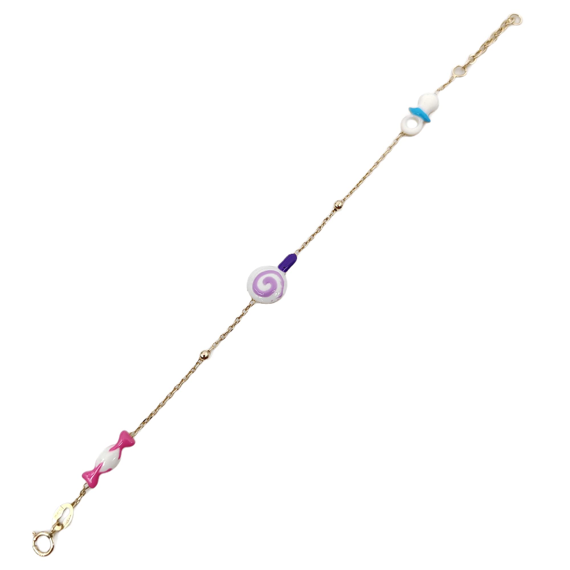 Gioielli Aurum - Armband für Neugeborene aus Gelbgold mit Schnuller und Süßigkeiten-Lutscher