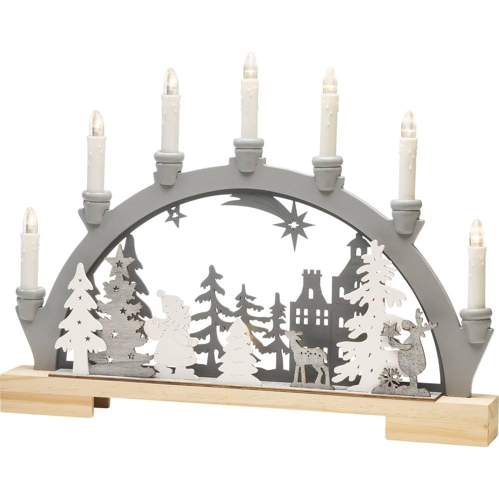Konstsmide Schwibbogen/LED Weihnachtsmann und Rentier Szene Holz Tischdeko/Innen (IP20) / Trafo oder Batteriebetrieb (exkl.) / 10 warmweiße Dioden/transparentes Kabel
