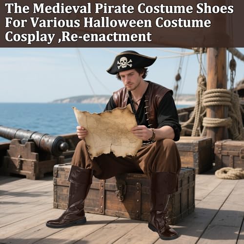 Image of Jiuguva Medieval Pirate Boots for Men Women Renaissance Boots | Faux Leather Viking Boots High Tube Steampunk Cosplay Shoes for Halloween Party, Role Play, Costume Accessories