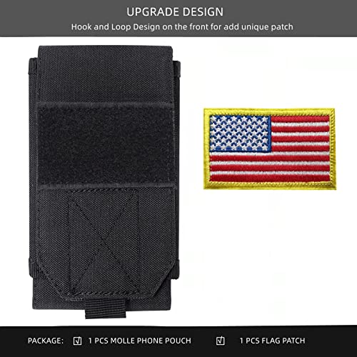 Image of Black Tactical Molle Cellphone Pouch Case,Heavy Duty Waterproof Phone Holster Bag for iPhone 11 12 13 Pro Max for Samsung S22 S21 S20 FE Note 20 A13 A12 A02S Less 6.7 inch Phone with US Flag Patch
