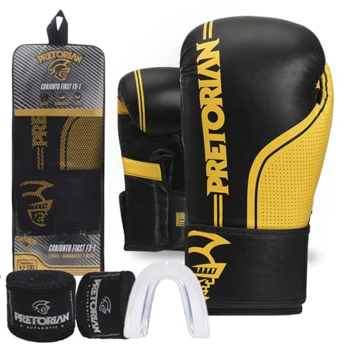 Kit Luva de Boxe e Muay Thai First FX1 Pretorian (Preto/Amarelo, 12 Oz)