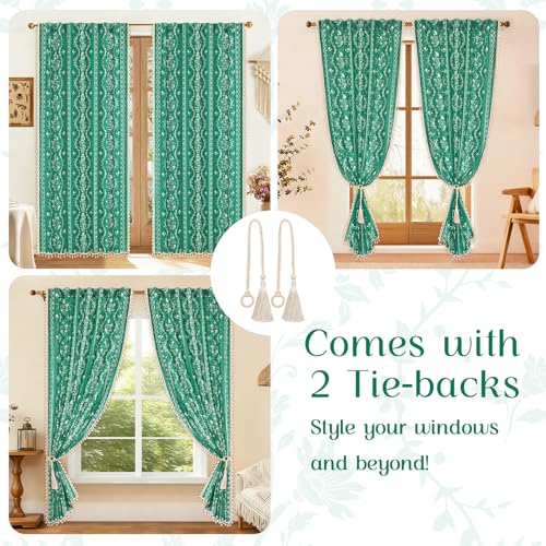 Image of Yinhua Boho Curtains for Living Room 84 Inch Length Vintage Linen Teal Curtains for Bedroom Light Filtering Floral Window Curtain Rod Pocket & Back Tabs Farmhouse Rustic Tassel Drapes with Tiebacks