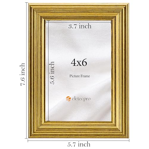 Image of eletecpro 4x6 Gold Picture Frames Set of 4, Vintage Photo Frames with Clear Acrylic Cover, Gallery Wall Art Display 4x6 Photo for Tabletop and Wall Mount, Home Decor