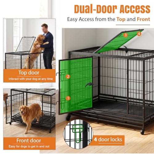 Image of Dog Crate Cage for Large Dogs Heavy Duty 48 /42 /36Inches Dog Kennel Pet Playpen for Training Indoor Outdoor with Plastic Tray Double Doors & Locks Design (42 inch)