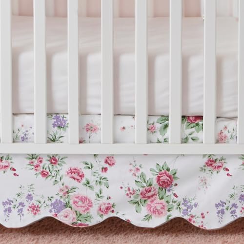 Image of Brandream Scallop Edge Cotton Crib Skirt French Country Pink Rose Floral Farmhouse Chic Boho Bohemian Baby Girl Nursery Crib Bed Skirt Toddler Bedskirt - 4 Sided, 52 * 28 * 16 Inch Drop