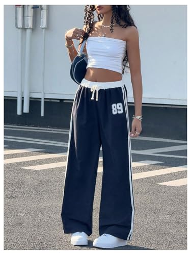 SHENHE Girl's Baggy Side Striped Y2k Track Pants Wide Leg Drawstring Athletic Hip Hop Trousers4
