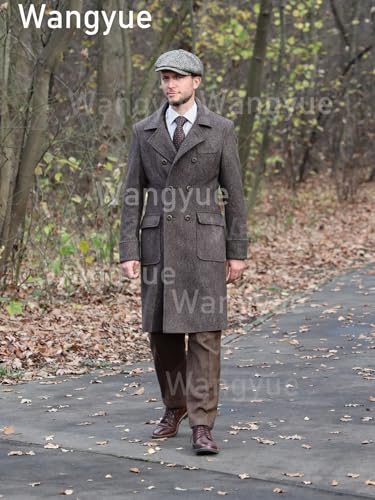 Wangyue Tweed Trench Coat Men Double Breasted Pea Coats Notch Collar Herringbone Tweed Overcoats Slim Fit Winter Wedding2