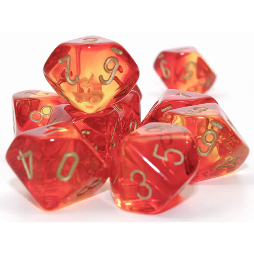 Dadi gemelli traslucidi rossi e gialli con numeri dorati, D10, 16 mm, confezione da 10 dadi Chessex