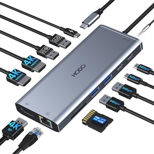 Image of USB C Docking Station Dual Monitor HDMI for Dell HP, USB C Hub HDMI Adapter Docking Station 3 Monitors Thunderbolt 3 to 2 HDMI 4K, DP,Ethernet,6 USB, PD, SD /TF, Audio, Laptop Docking Station for