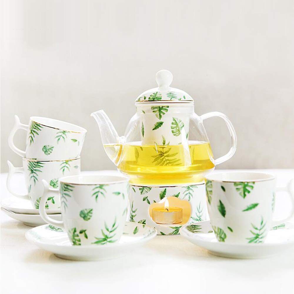 XINGYU Zestawy do herbaty europejska popołudniowa herbata kubki i spodki z podgrzewaczem świec porcelanowy kwiat zestaw do herbaty do domu (kolor: Zielony, rozmiar: 10 szt.)