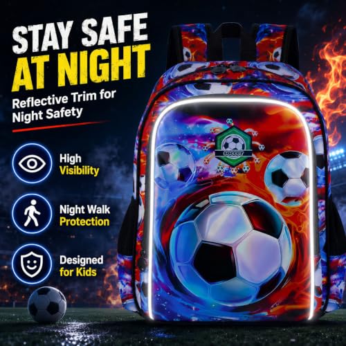 Image of 17 inch Soccer Backpack for Boy, 3Pcs Football School Backpacks with Lunch Box, Kids Bookbag for Elementary Preschool Kindergarten(Ice and Fire)