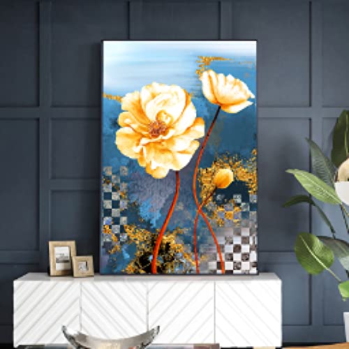 Fleurs mur art toile peinture or et bleu abstrait pour une décoration premium
