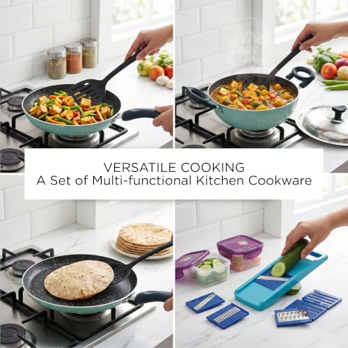 Image of Crystal 11 Pcs Non Stick Cookware Set with Storage Containers | Gas Stove Friendly | Tawa, Fry Pan, Kadhai with Lid, 4 Serving Spoons, 2 Containers & Grater Set | PFOA Free Coating
