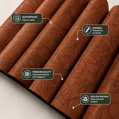 Image of Yelona Premium Faux Leather Placemat Set of 6 | Printed Floral Design, Waterproof & Heat Resistant Table Mat | Non-Slip, Washable for Dining, Kitchen & Home Decor (Brown, 43 x 30 cm)