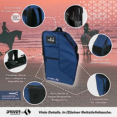 Driver13 Reitstiefelrucksack Deluxe mit Helmfach, Rucksack für Reitstiefel, Maße 35 x 30 x 60 cm, Navy Blue