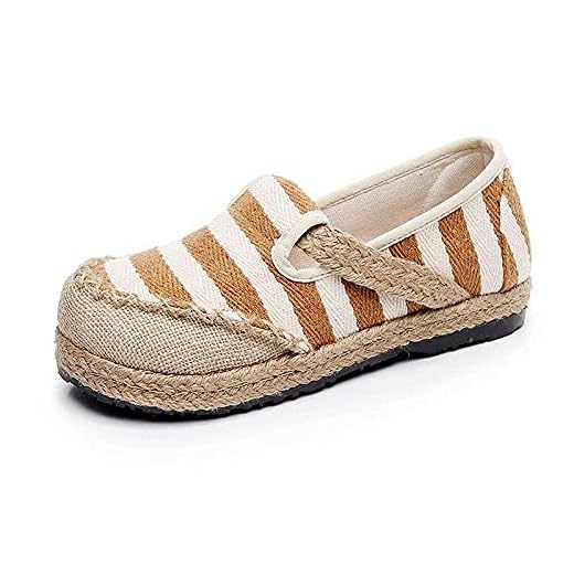 Kvinnors lägenheter handgjorda kvinnor randiga linne på platta loafers bohemiska damer casual slip på sneakers andningsbara espadrilles skor (färg: khaki storlek: 4) liujiapeng55
