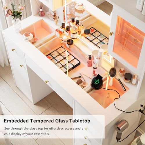 Image of iPormis Vanity Desk with Mirror and Lights, Glass Top Makeup Vanity with RGB Light and Power Outlet, Dressing Table Mirror with 3 Lighting Colors, 7 Drawers, 3 Cabinets, White Vanity for Bedroom