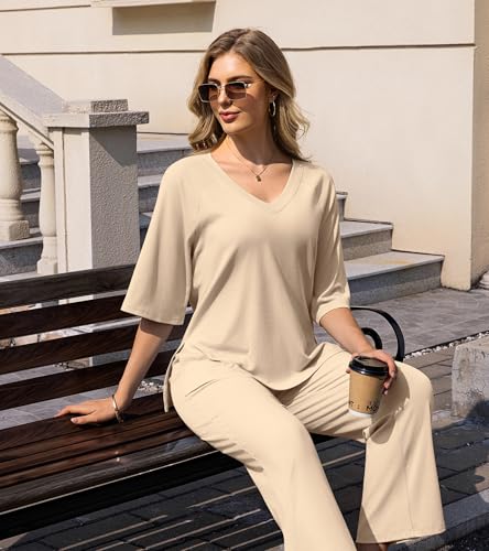 Image of difficort 2 Piece Lounge Sets for Women Summer Outfits Vacation Loungewear | Knit Raglan Short Sleeve Wide Leg pant with Pockets