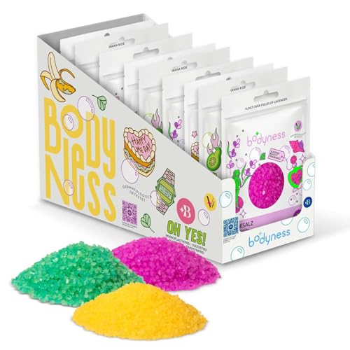 BODYNESS Bath Salts - 9x Badesalz Tüten, 9x 160g Badesalze in 3 verschiedenen Farbem & Düften, Entspannungsbad Badezusatz