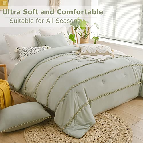 Sage Green Comforter King Size Bed Set,Boho Pom Pom Stripes Bedding Comforter Set Ultra Soft Down-Alternative Bedding Machine Washable 3 Pieces #TOP6