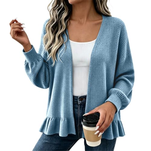 GOSEAGOTOFUN Sweater Cardigan Women Waffle Knit Open Front Sweater Casual Long Sleeve Ruffle Cardigan Fashion Loose Outerwear 01-Blue Small - image 2