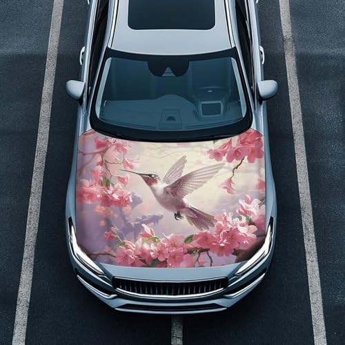 Image of Car Hood Cover, Pink Flower Hummingbird Print Car Hood Protector Car Hood Flag Waterproof Automotive Exterior Accessories for SUV Sedans Trucks Pickup Jeeps