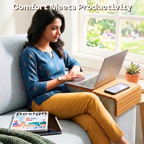 Image of Classyo Sofa Armrest Tray, Sofa Arm Tray - Dining Table Mats Flexible & Foldable - Suitable for Food, Drinks, Snacks, Cup- Acacia Wood (11 in x 17 in)
