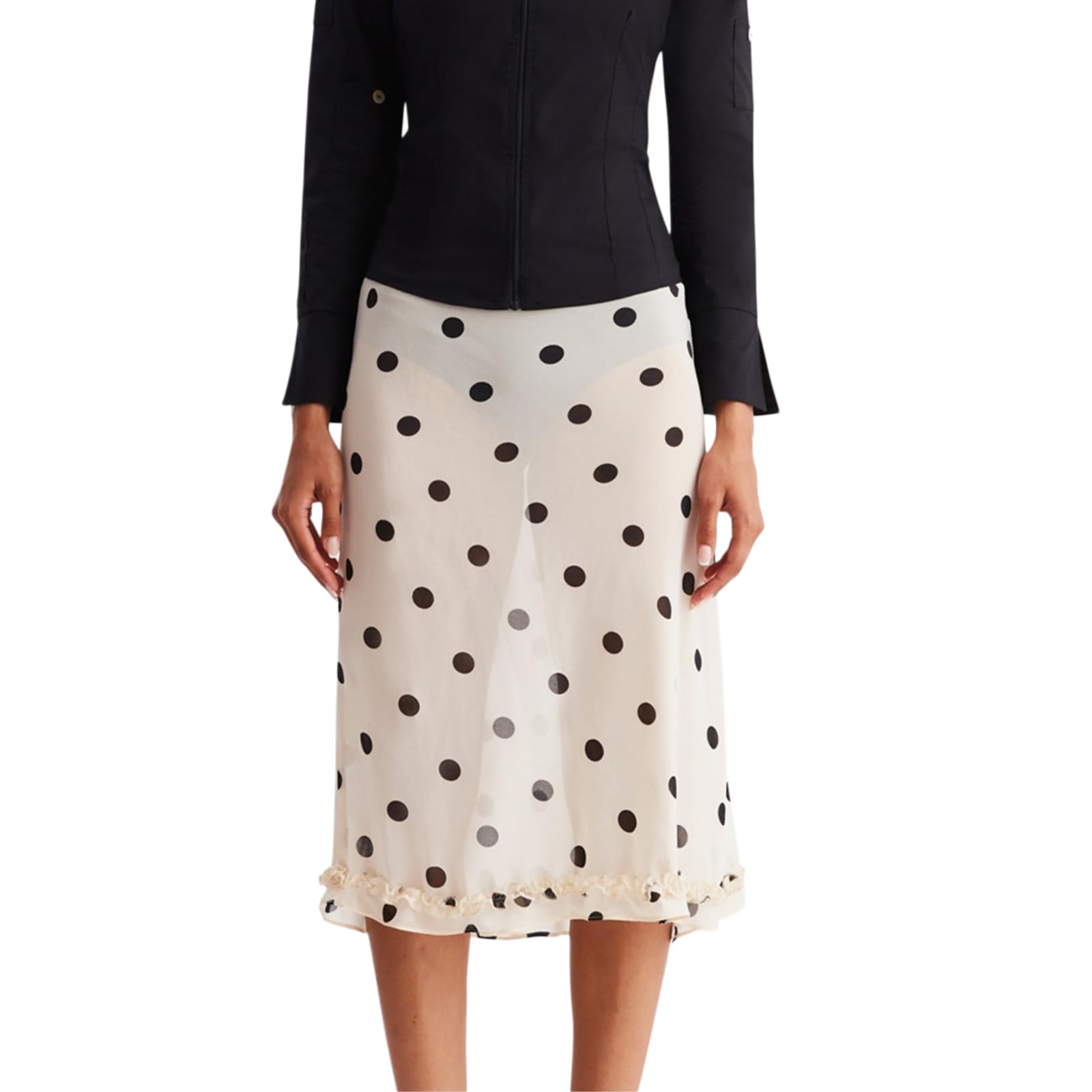 Jupe midi Y2K en maille blanche transparente à pois taille basse pour femme