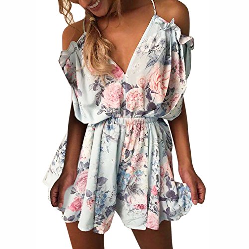 Hikong Robe de Plage Impression Floral Sexy Pantalon Combinaison Short Combishort Rompers Bohème Robe Femme Chic Sexy Col V Romper Bustier Jumpsuit Été Plage Short