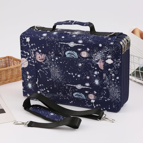 Image of 500 Slots Colored Pencil Organizer with Handy Wrap and Zipper Closure Twill Fabric Large Capacity Pencil Case for Watercolor Pencils & Gel Pen(Large Slots,Galaxy Blue)