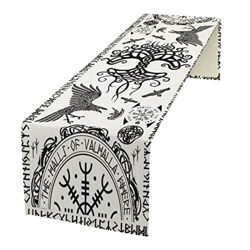 kikomia Baumwolle Leinen Tischläufer Rechteckige Wikinger Rabe Baum des...