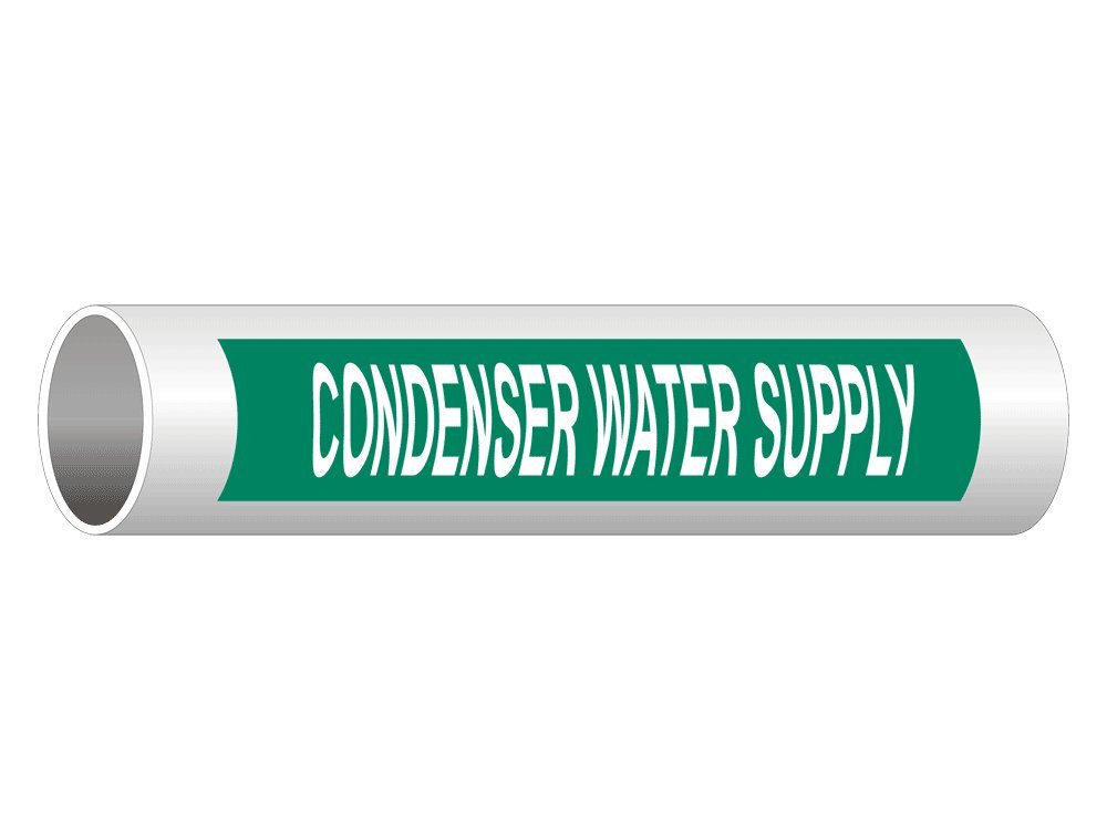 ComplianceSigns.com Condenser Water Supply (White Legend On Green Background) Pipe Label Decal, 8x2 inch 50-Pack Vinyl for Pipe Markers